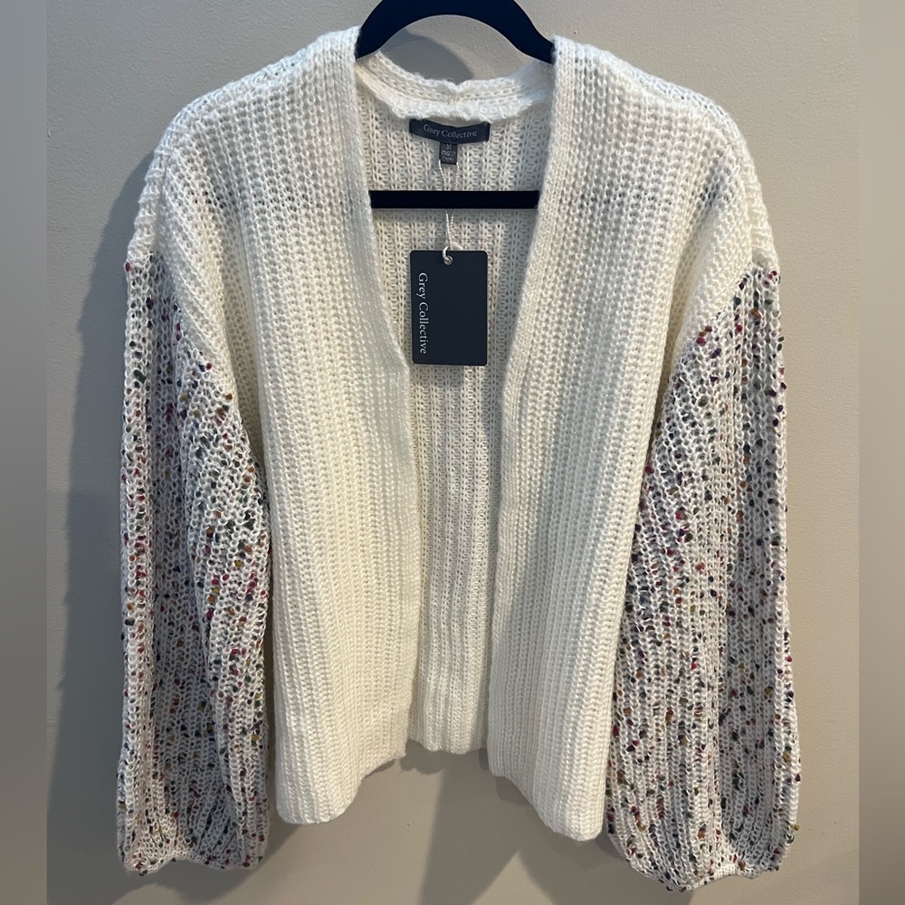 NWT Grey Collective Women's White and Multicolor sleeves Knit cardigan